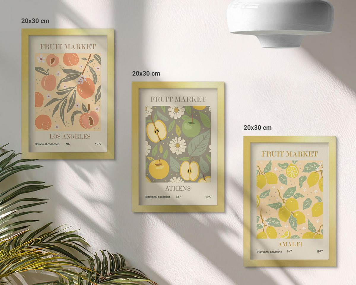 WANDBILDER 3er Set - 20x30 cm Goldrahmen - Retro-Poster mit Fruchtmustern - Goldfarben, Kunststoff (20/30cm) - ArtPrintCave