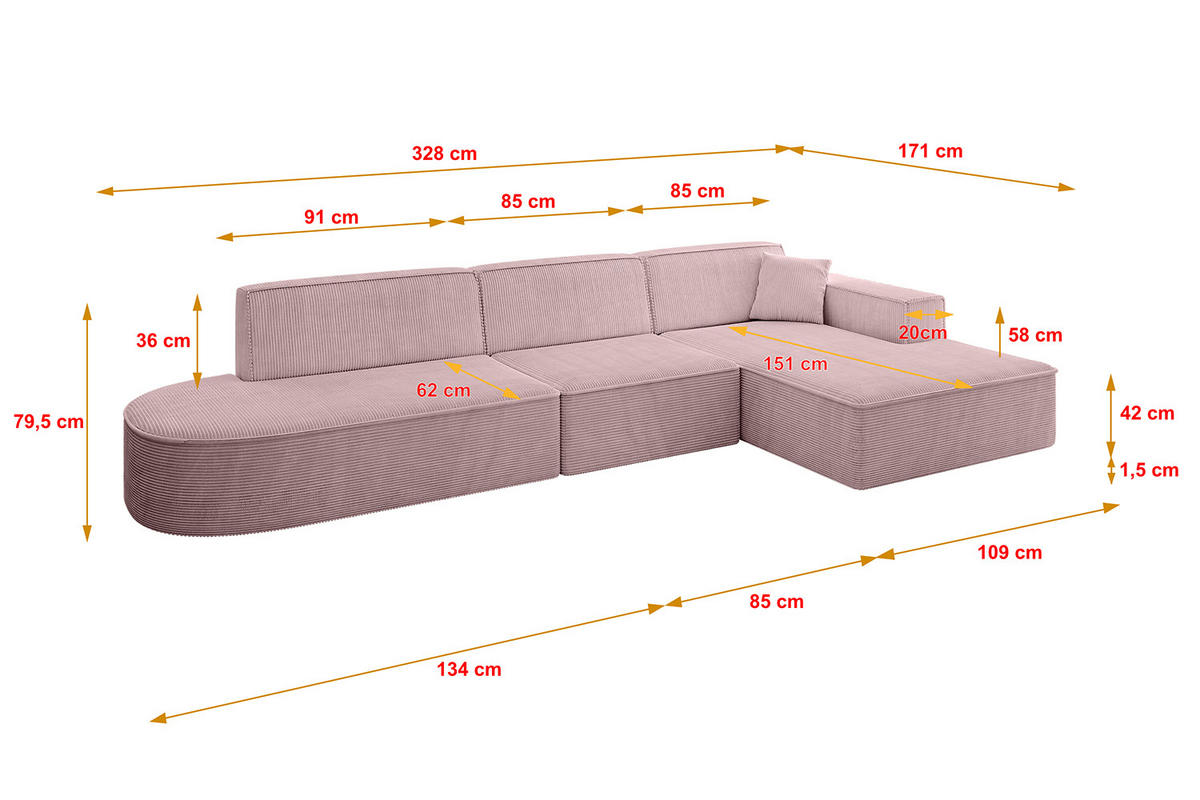 ECKSOFA Ottomane Rechts IREA-L2-v4 - 328x171x79 cm Rosa - Rosa, Holzwerkstoff/Textil (171/328cm) - ALTDECOR