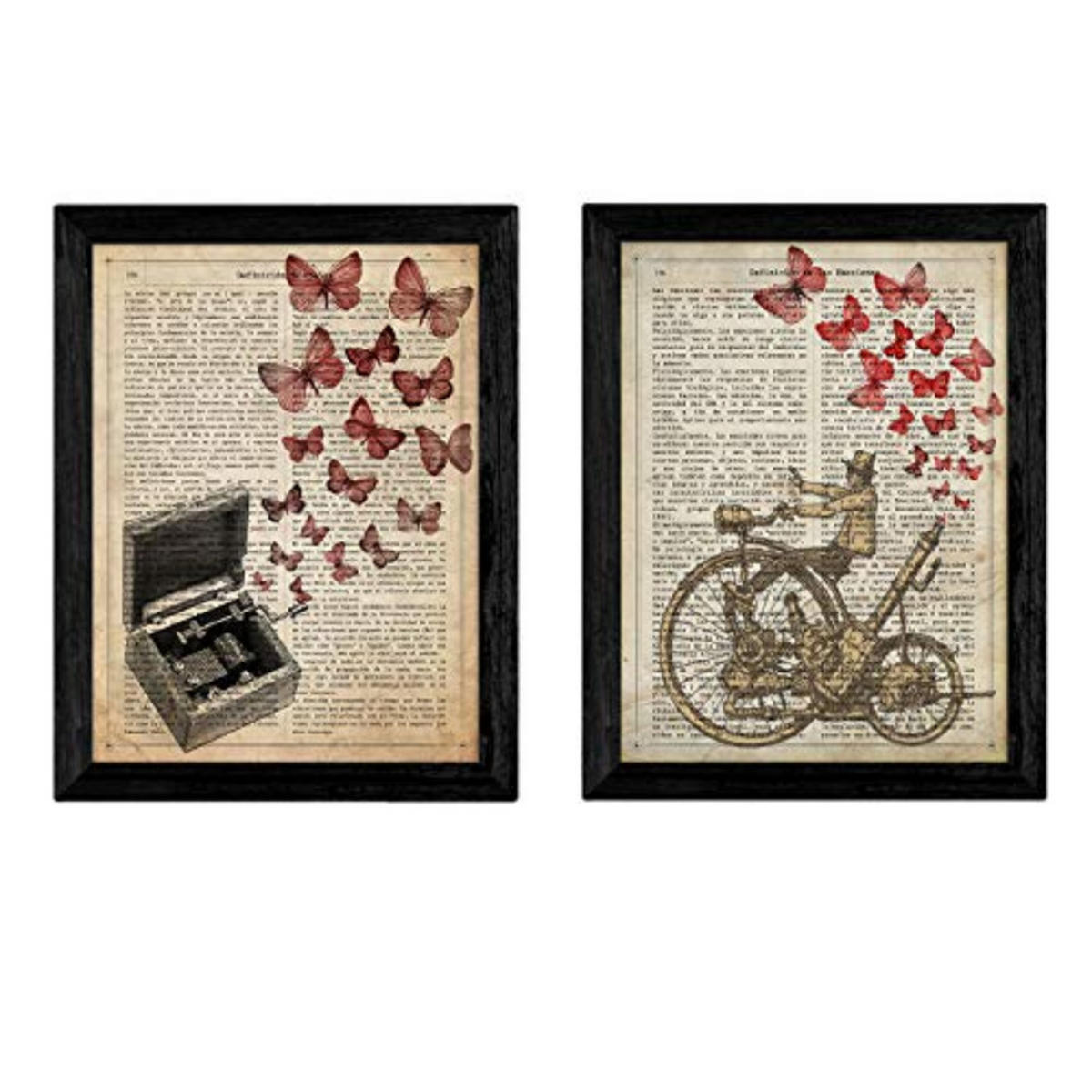POSTER Set Mit 2 Vintage Musikbox Und Fahrrad Mit Schmetterlinge. A4 Rahmenlos - Klar, Papier (29.7/5/21cm) - Nacnic