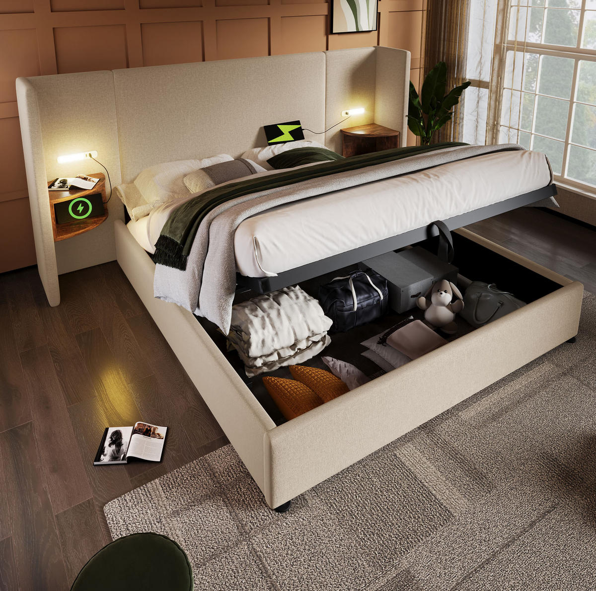 POLSTERBETT 160/200 cm Beige aus Leinen mit Stauraum, Leselampe und USB-Type-C-Ladefunktion - Beige, Textil (160/200cm) - OKMYHOME