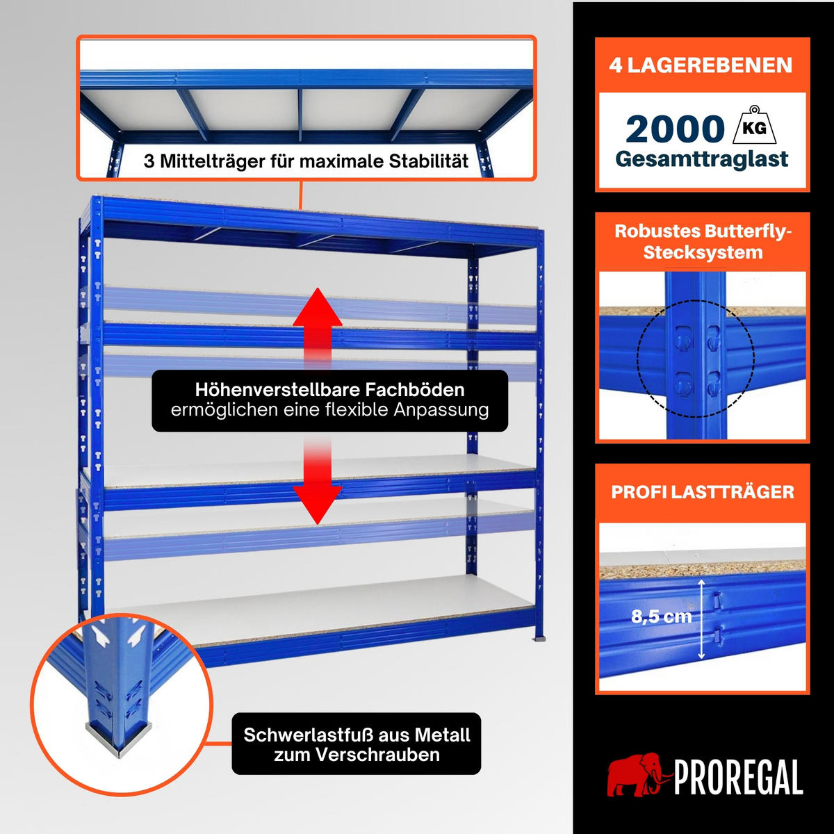 SCHWERLASTREGAL Rhino 180x200x60 cm 4 Melamin-Ebenen 16mm Fachlast 500 kg Blau - Blau/Weiß, Metall (200/180/60cm) - PROREGAL