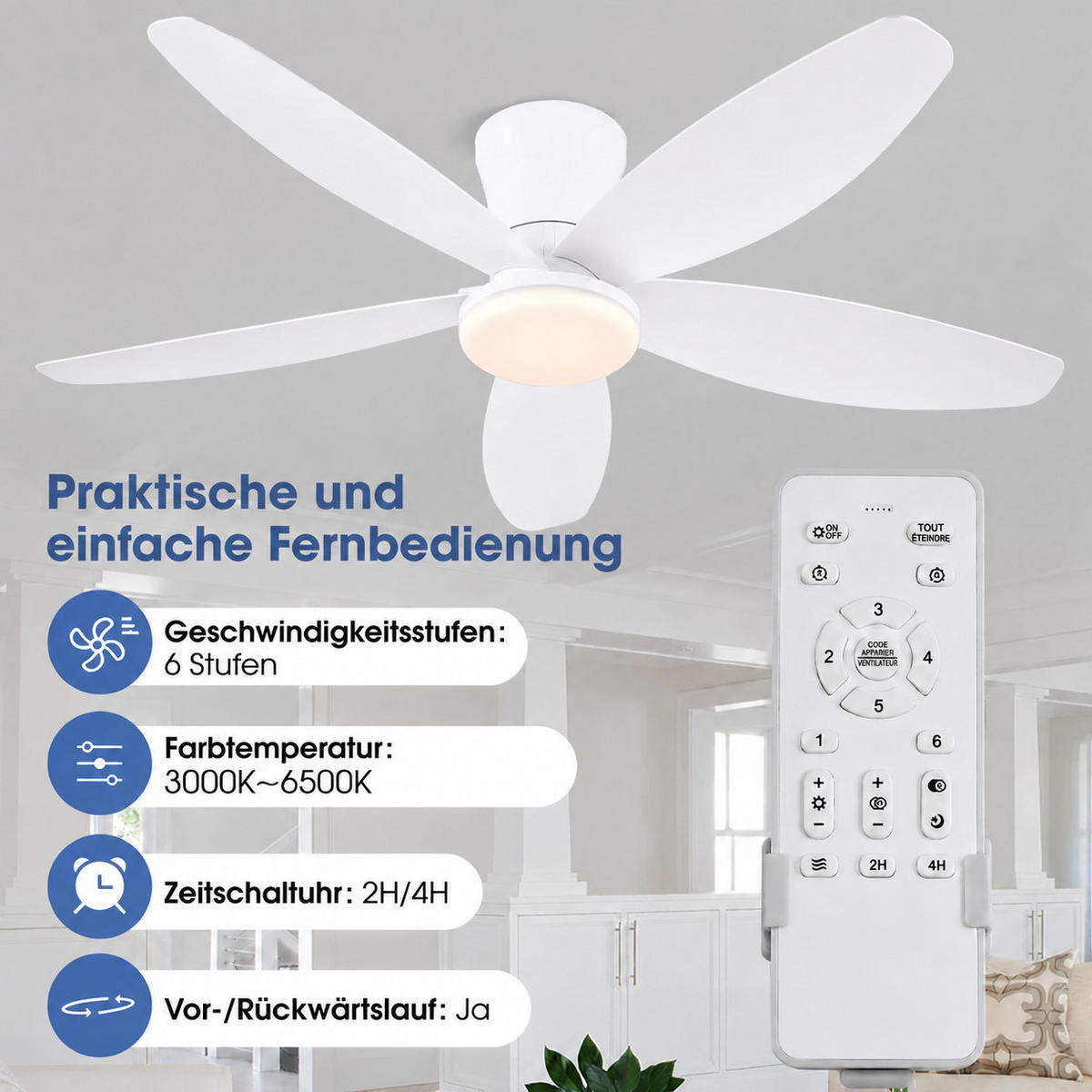 DECKENVENTILATOR Weiß 106,7 cm mit LED und leisem DC-Motor - Weiß, Kunststoff (106.7/106.7/21.8cm) - Surtime