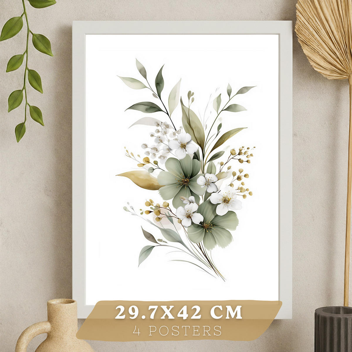 PLAKAT Sada 4 botanických uměleckých tisků. Akvarelové květinové nástěnné umění. Velikost Bílý rám A3 - bílá, papír (29.7/42/3cm) - Nacnic