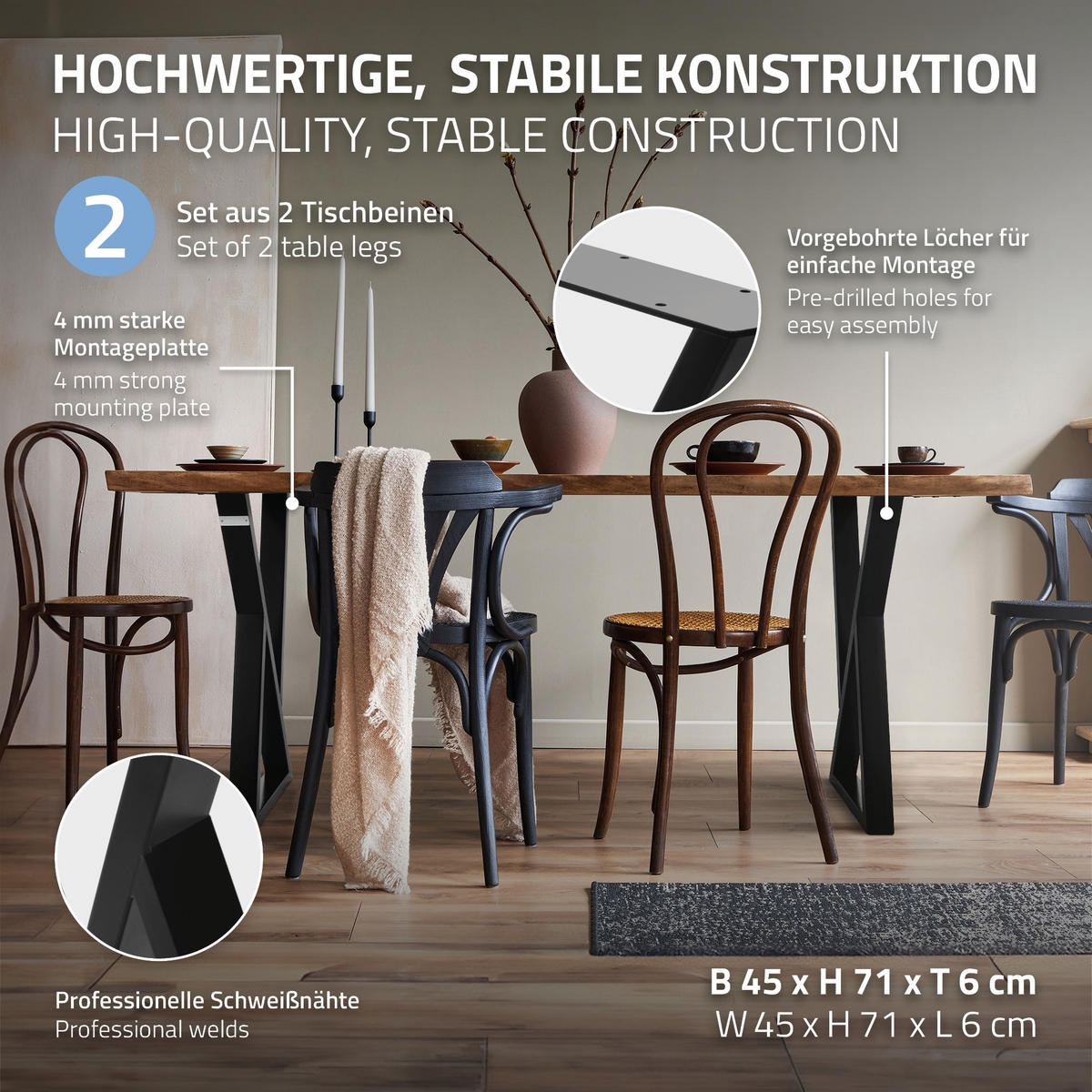 TISCHBEINE 2er Set 40xH71 cm X-Form, Schwarz - Schwarz, Metall (45/6/71cm) - ML-DESIGN