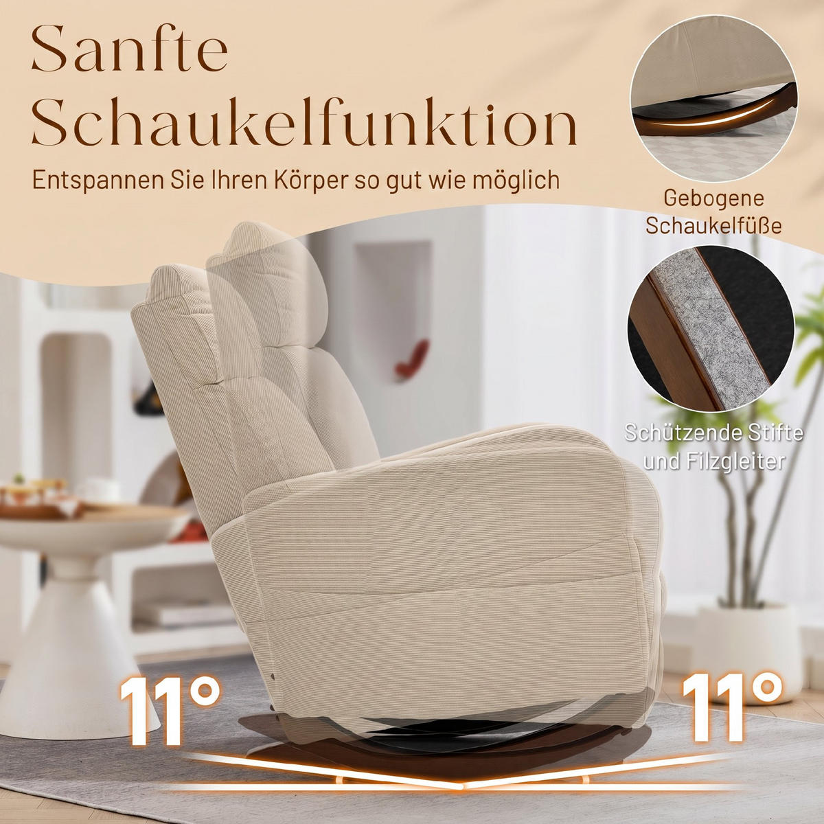 SCHAUKELSTUHL Cordstoff Seitentaschen Beige - Beige, Textil (94/105/67cm) - Vallsero