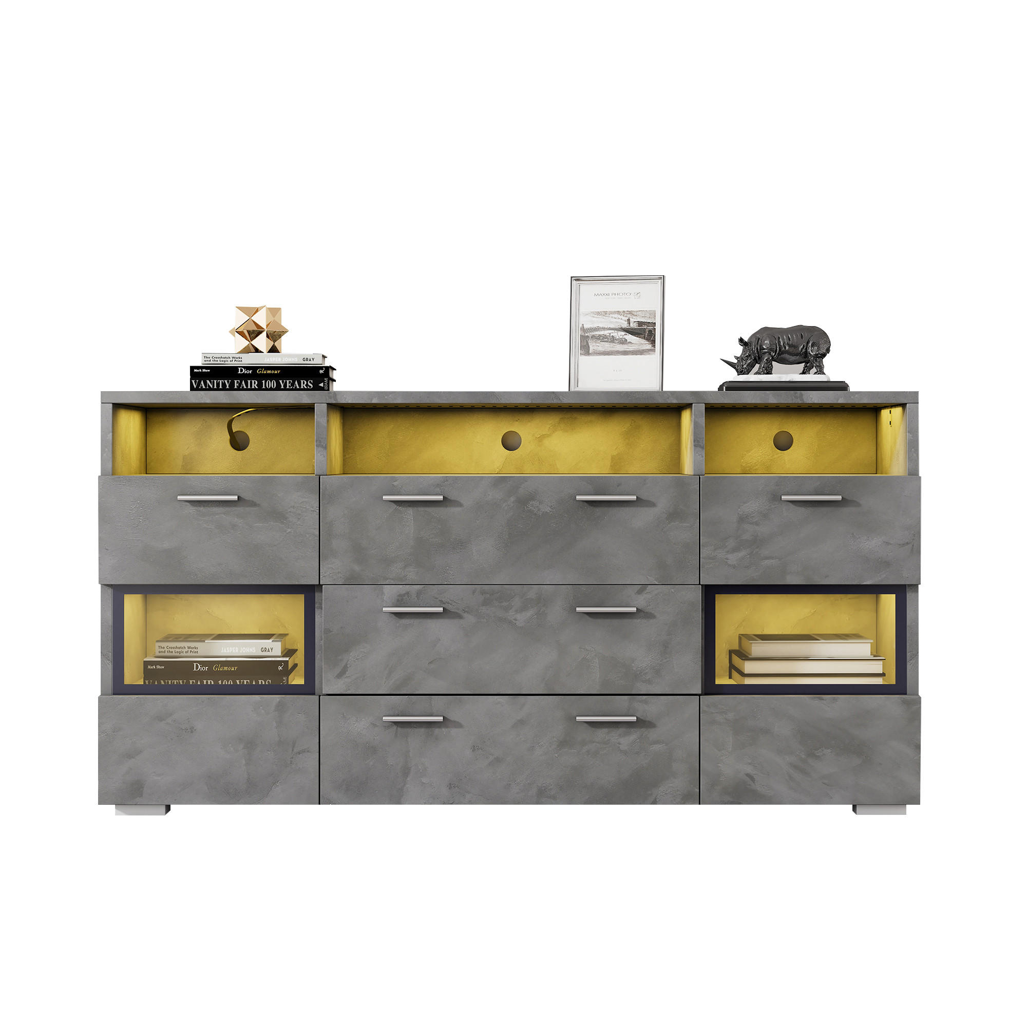 SIDEBOARD Betonoptik Grau, mit LED, 2 Glastüren, 3 Schubladen und offenen Fächern, 140/33,5/72,5 cm - Grau, Holzwerkstoff (140/72.5/33.5cm) - WISHDOR