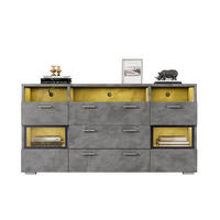 SIDEBOARD Betonoptik Grau, mit LED, 2 Glastüren, 3 Schubladen und offenen Fächern, 140/33,5/72,5 cm - Grau, Holzwerkstoff (140/72.5/33.5cm) - WISHDOR