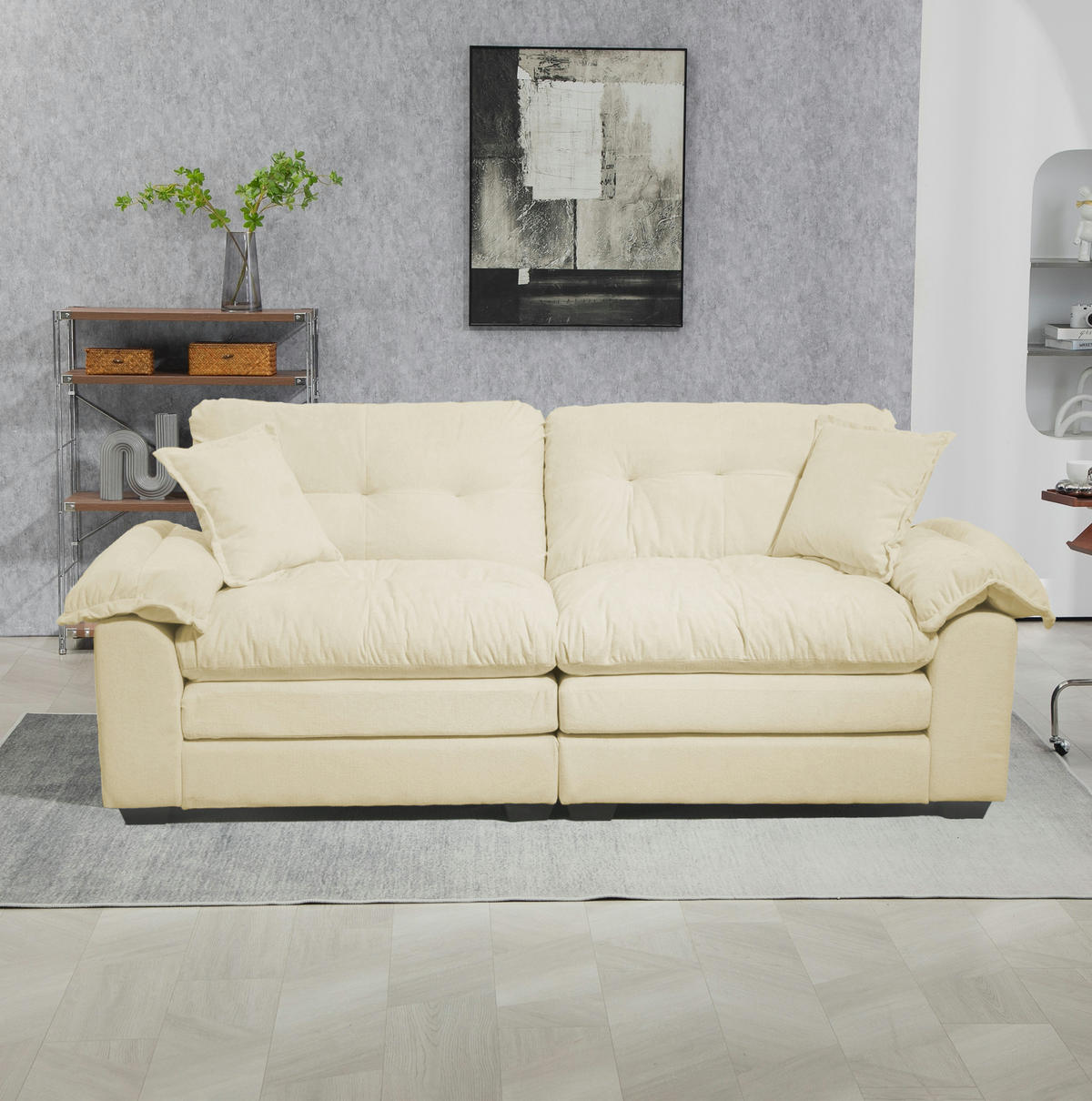 SITZGARNITUR 2-teilig in Beige aus Chenille mit Tiefsitz und Dekokissen,90.1/213.4/87.6 cm - Beige, Textil (90.1/87.6/213.4cm) - Flora Grace