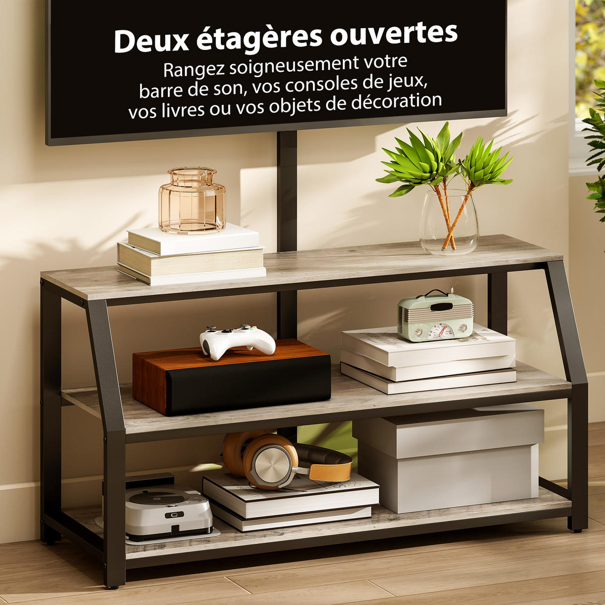 TV-BOARD Grau/Schwarz 110/43/150 cm, mit Halterung, 2 offene Fächer, Metallgestell - Grau, Holzwerkstoff (110/150/43cm) - PANGIVO