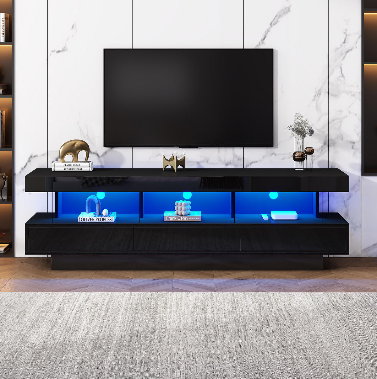 NISKA komoda 160/38/50,5 cm crni visoki sjaj s LED osvjetljenjem - crna, drvni materijal (160/50.5/38cm) - Flora Grace