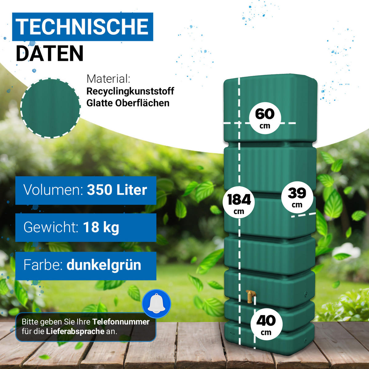 WANDTANK 350 L, dunkelgrün - Grün, Kunststoff (60/184/39cm) - 4rain
