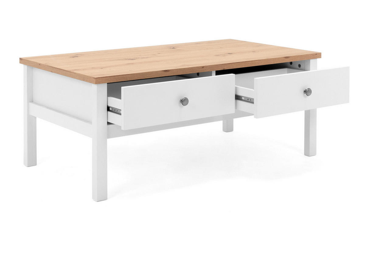 COUCHTISCH weiß, Eiche Artisan Landhaus, 110 x 55 cm, Wohnzimmertisch mit Schubladen - Silberfarben/Weiß, Holzwerkstoff/Kunststoff (55/110/40cm) - Furn.Design