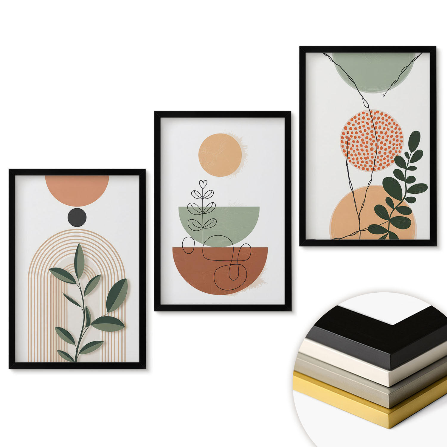 WANDBILDER 3er-Set - 40x60 cm Schwarzer Rahmen - Abstrakte Pflanzenformen - Schwarz, Kunststoff (40/60cm) - ArtPrintCave