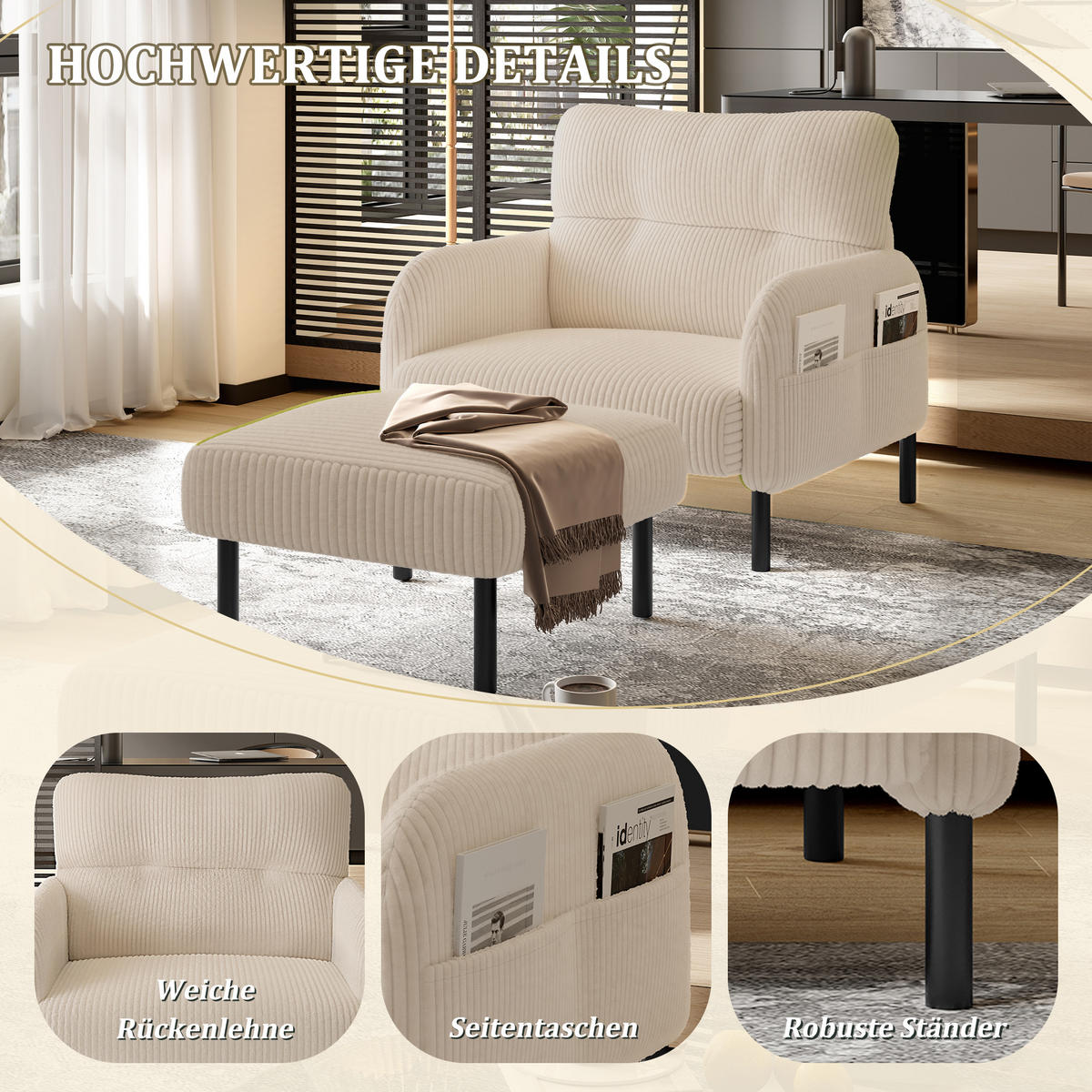 SESSEL Loungesessel,Polstersessel,Cord,Beige - Beige, Textil (67/79/75cm) - LVHOM