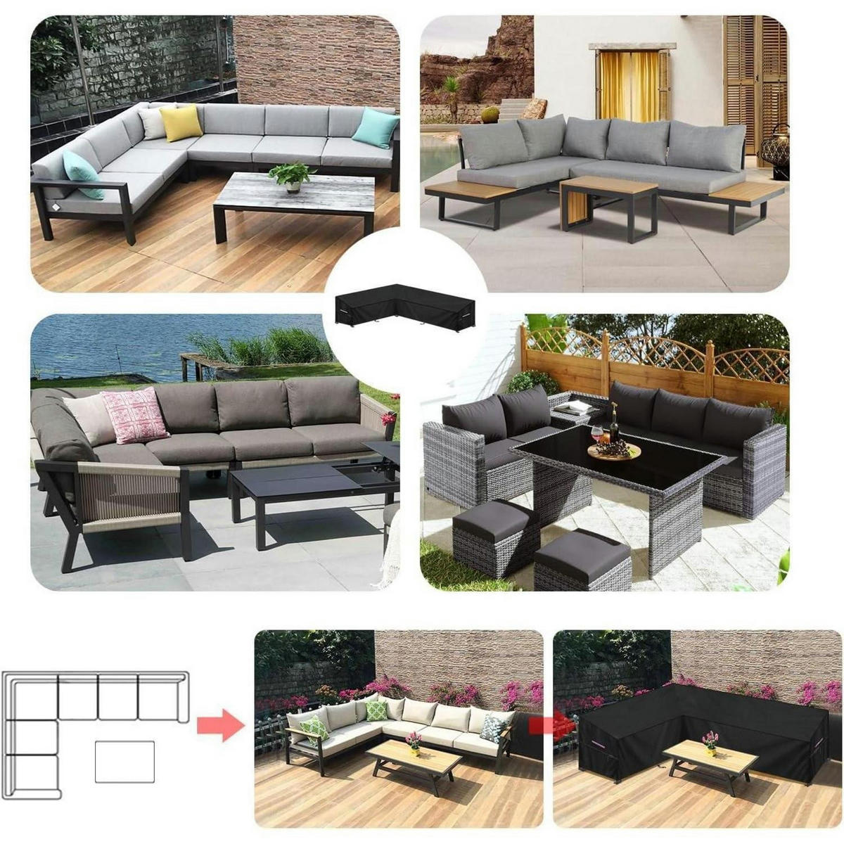 ABDECKHAUBE Loungemöbel L-Form 190x280x90x80/60cm Wasserdicht - Schwarz, Kunststoff (1/1/1cm)