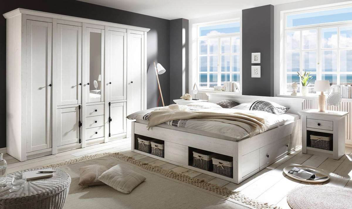 SCHLAFZIMMER 4-teilig Set Pinie weiß, Komplettset mit Doppelbett - Schwarz/Weiß, Glas/Holzwerkstoff (236/206/64cm) - Furn.Design