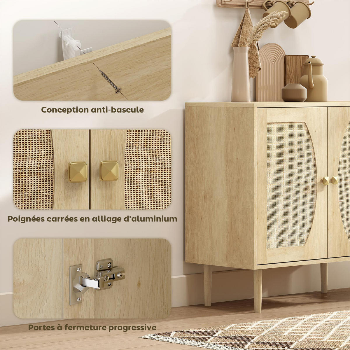 SIDEBOARD DE-11247 2 Türen mit Rattan-Front Naturholz - Naturfarben, Holzwerkstoff (80/79/38cm) - ComfortXL