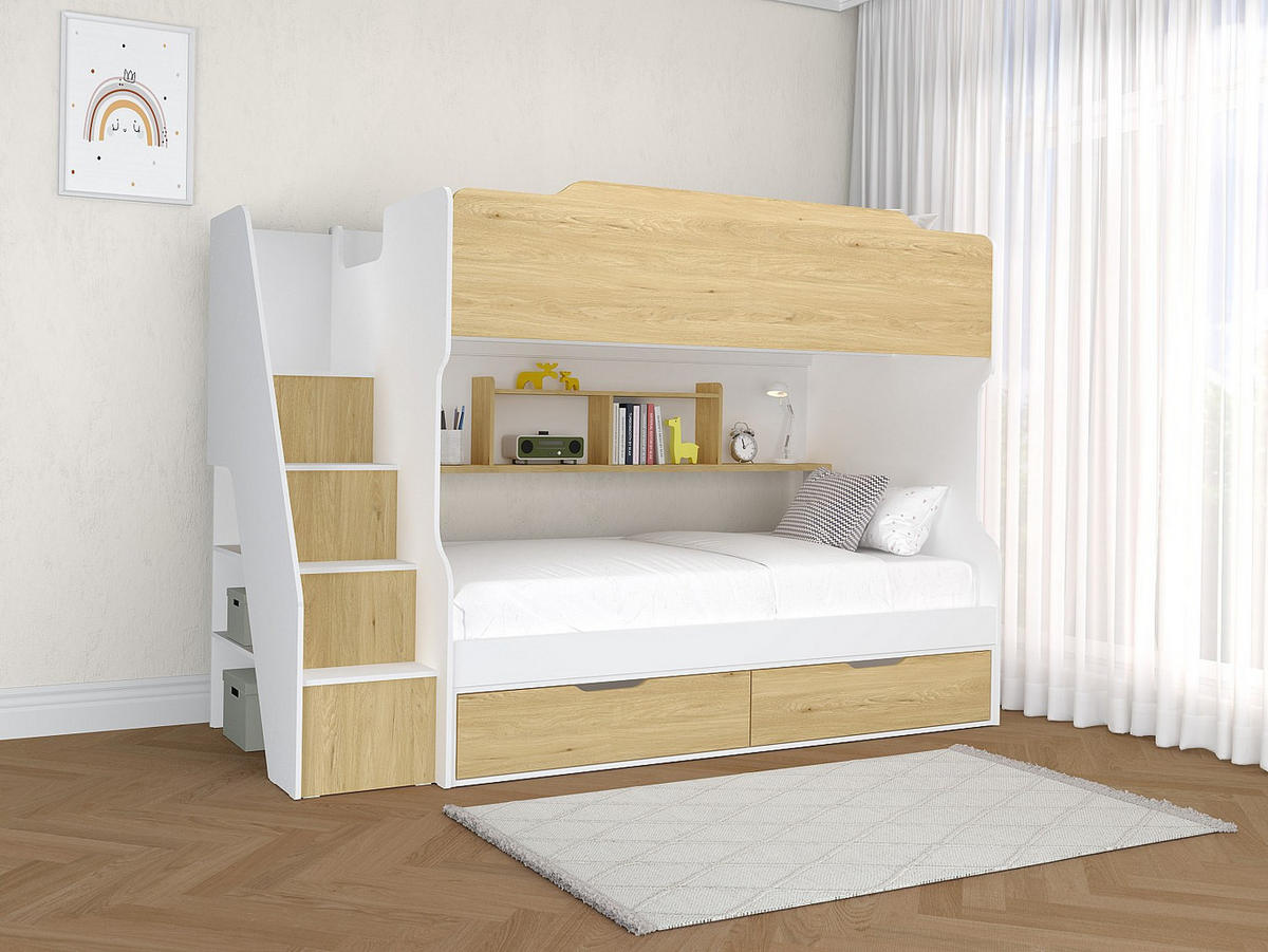 ETAGENBETT mit Stauraum - 90 x 190 cm - Weiß & Holzfarben - YALOVA - Naturfarben, Holz (99.5/235.1cm) - Vente-Unique