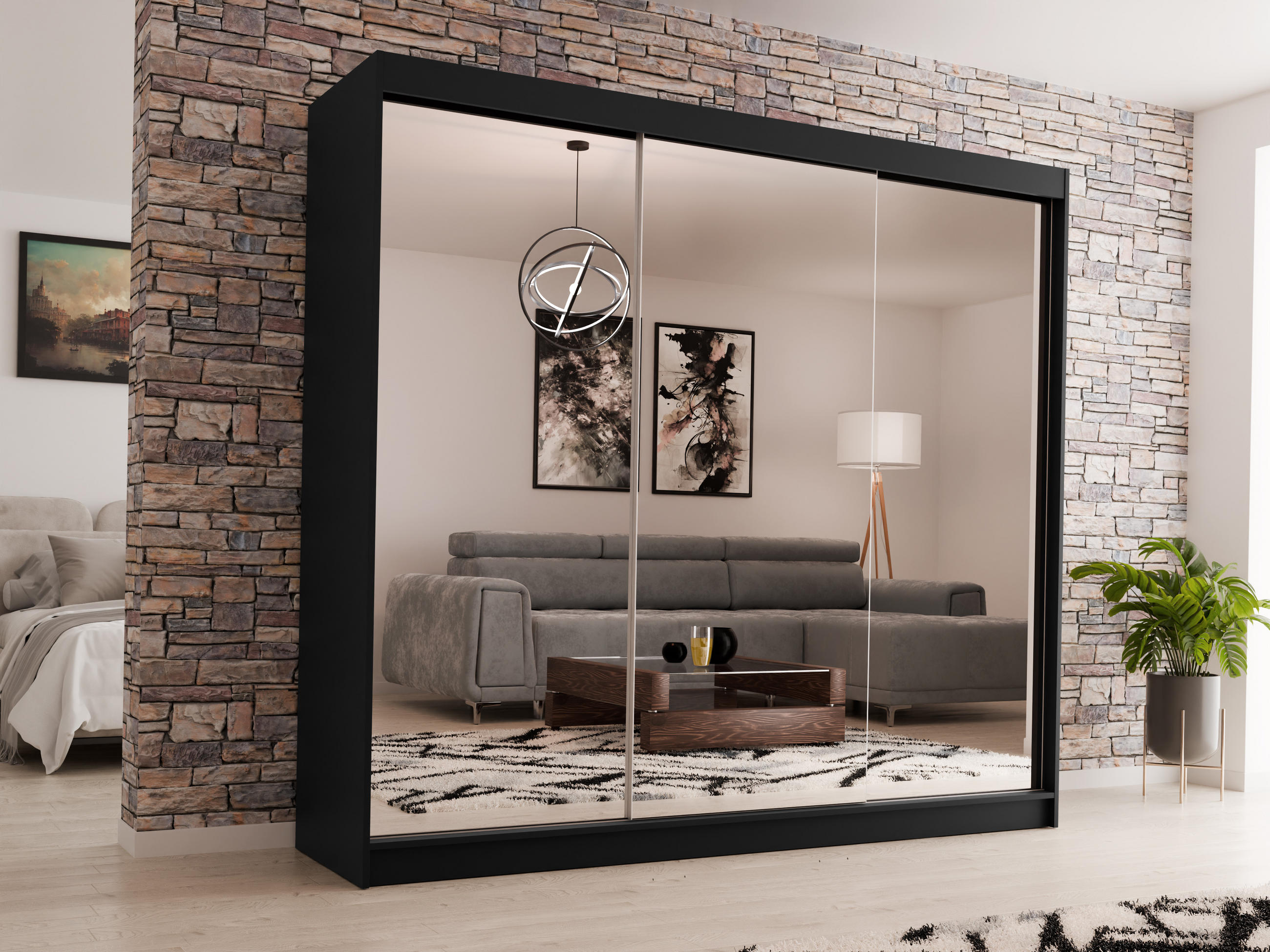 SCHWEBETÜRENSCHRANK Debra 240/216/61 schwarz mit Spiegel - Schwarz, Holzwerkstoff (240/216/61cm) - Beautysofa