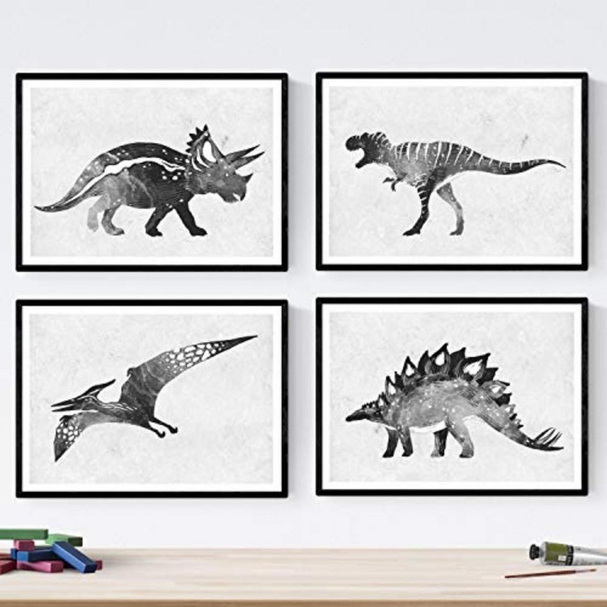 POSTER Set mit 4 schwarze Dinosaurier A3 Rahmenlos - Klar, Papier (29.7/3cm) - Nacnic