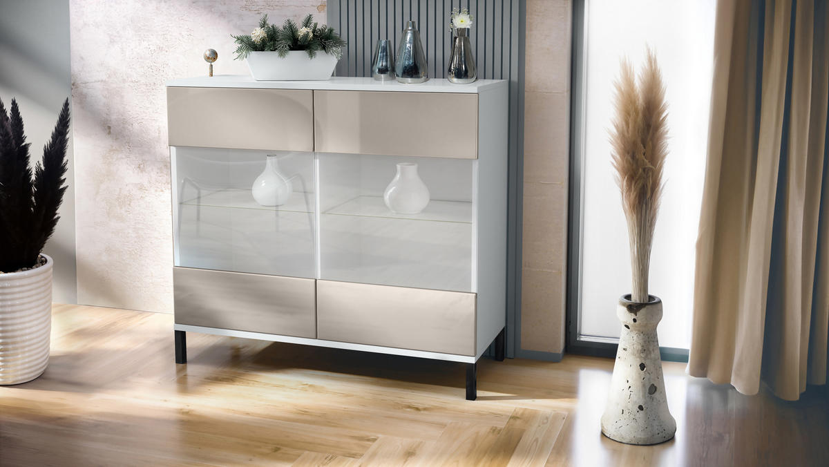 KOMMODE Bari Sandgrau Hochglanz - Sandfarben, Holzwerkstoff (92.5/83.5/35cm) - Vladon