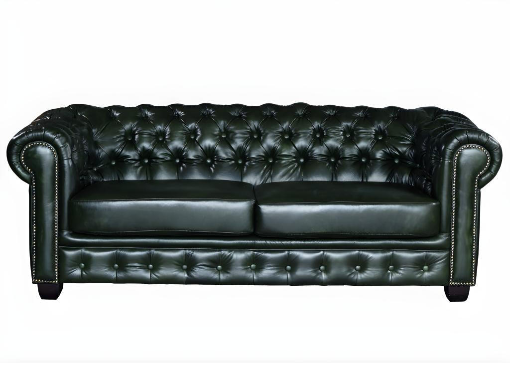 CHESTERFIELD Ledersofa 3-Sitzer - Büffelleder - Schwarzgrün - BRENTON - Grün, Leder (96/73/201cm) - Vente-Unique