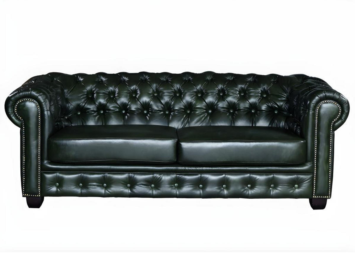 CHESTERFIELD Ledersofa 3-Sitzer - Büffelleder - Schwarzgrün - BRENTON - Grün, Leder (96/73/201cm) - Vente-Unique