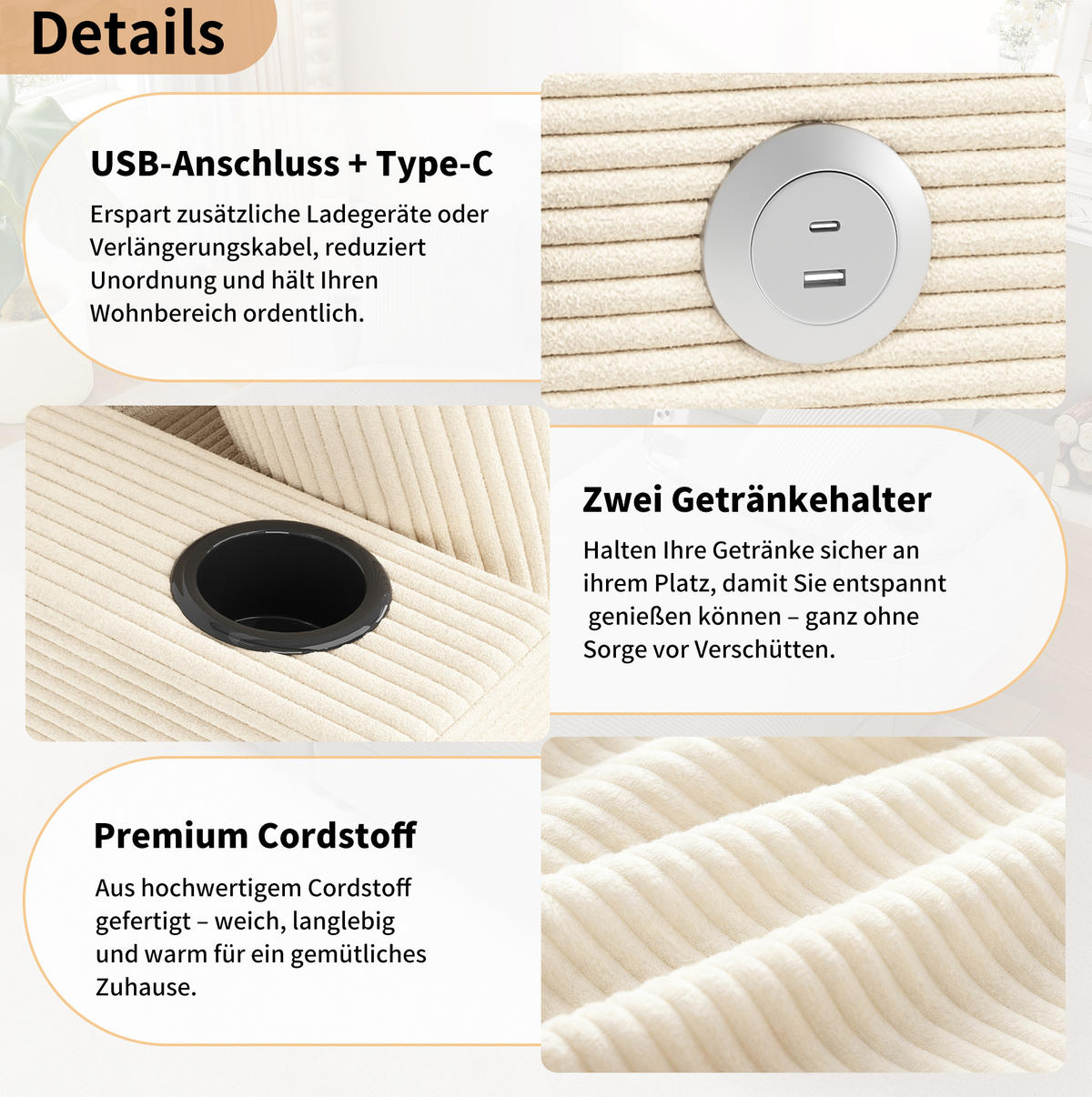 SCHLAFSOFA 163/140/82 cm in Beige – mit USB-Anschluss und Getränkehaltern - Beige, Textil (140/82/163cm) - BEAOK