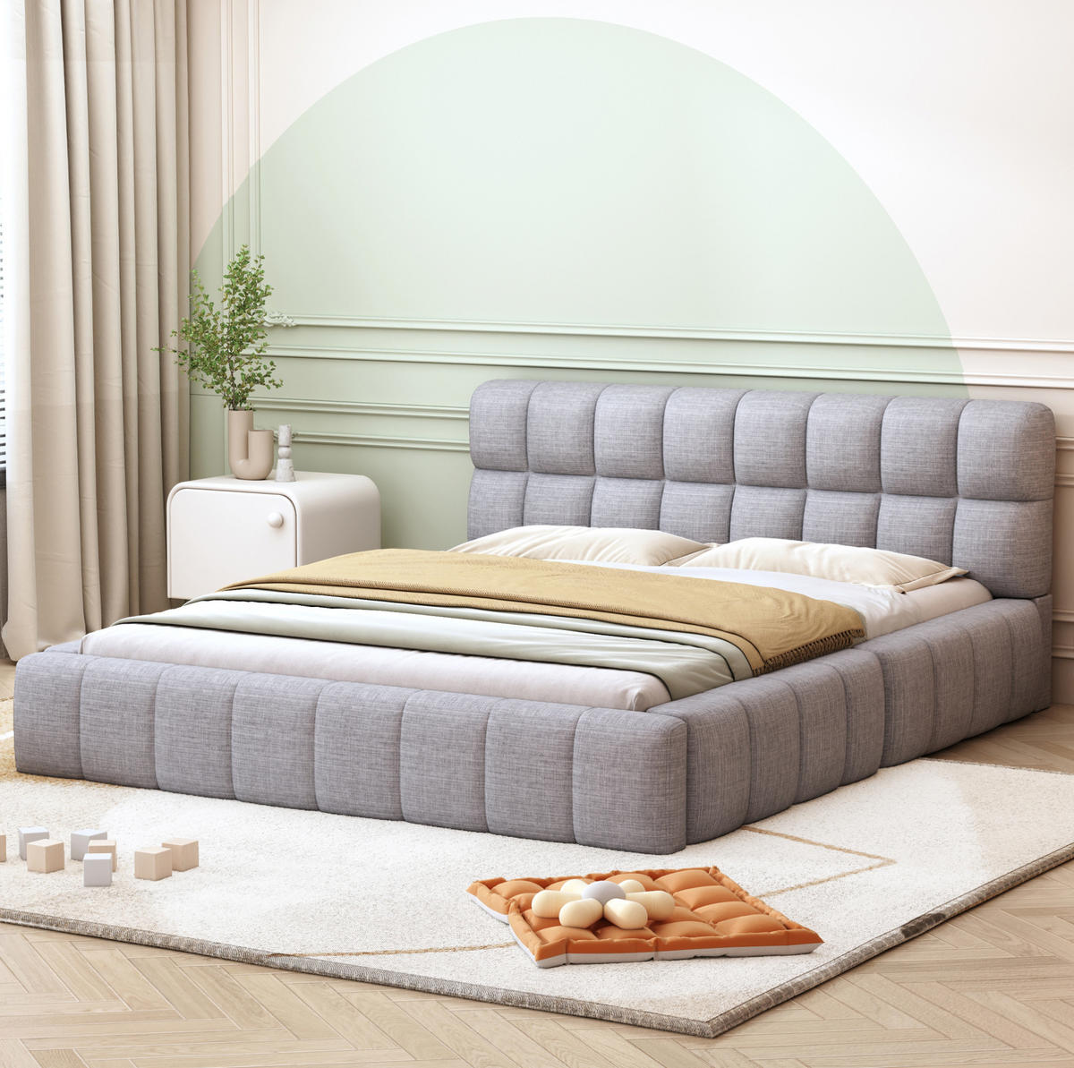 POLSTERBETT 140/200 cm grau mit Rückenlehne und stabilem Lattenrost - Grau, Textil (140/200cm) - OKWISH