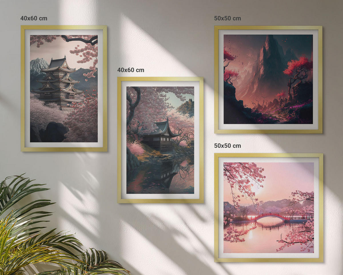 BILDER SET 4er Set - 50x50 cm & 40x60 cm Goldrahmen - Fantasielandschaften Japans - Goldfarben, Kunststoff (50/50cm) - TULUP