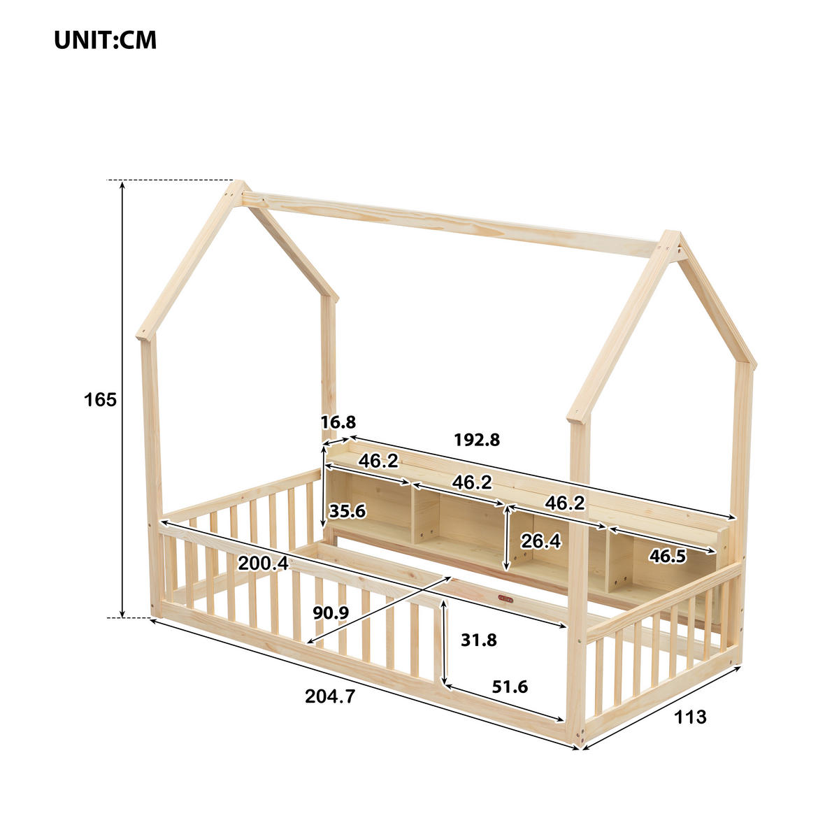 HAUSBETT 90/200 cm mit Ablagefächern, DE-41877, in Natur - Naturfarben, Holz (90/200cm) - ComfortXL