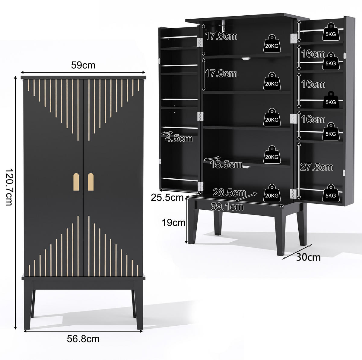 SIDEBOARD in Schwarz mit 2-Tür-Aufbewahrungsschrank für Küchen, Wohnzimmer und Flur, B59/T30/H120 cm - Schwarz, Holzwerkstoff (59/120/30cm) - STILVORA