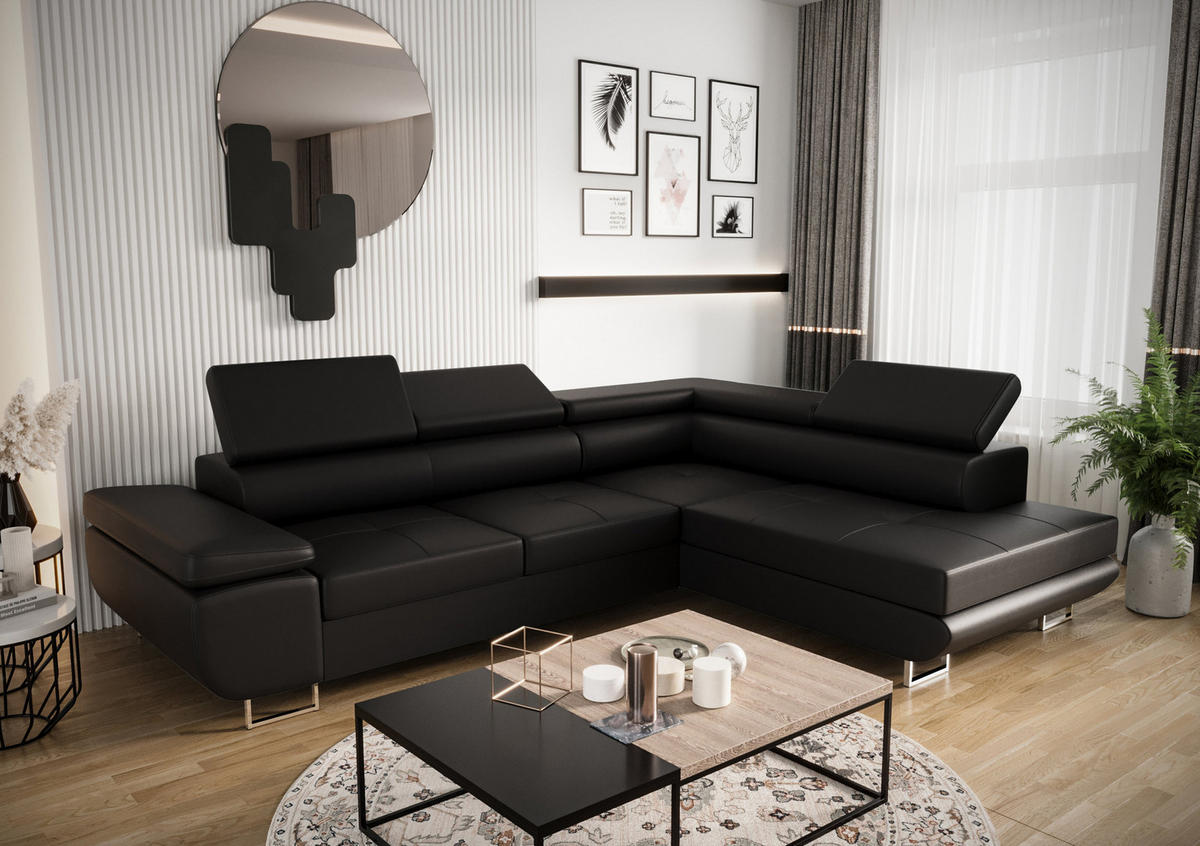 ECKSOFA PRAGA DESIGN L, Eckcouch in L-Form mit Schlaffunktion, Farbe: Schwarz, Kunstleder, Ottomane Universal - Schwarz, Textil (275/202cm) - O-Sofa