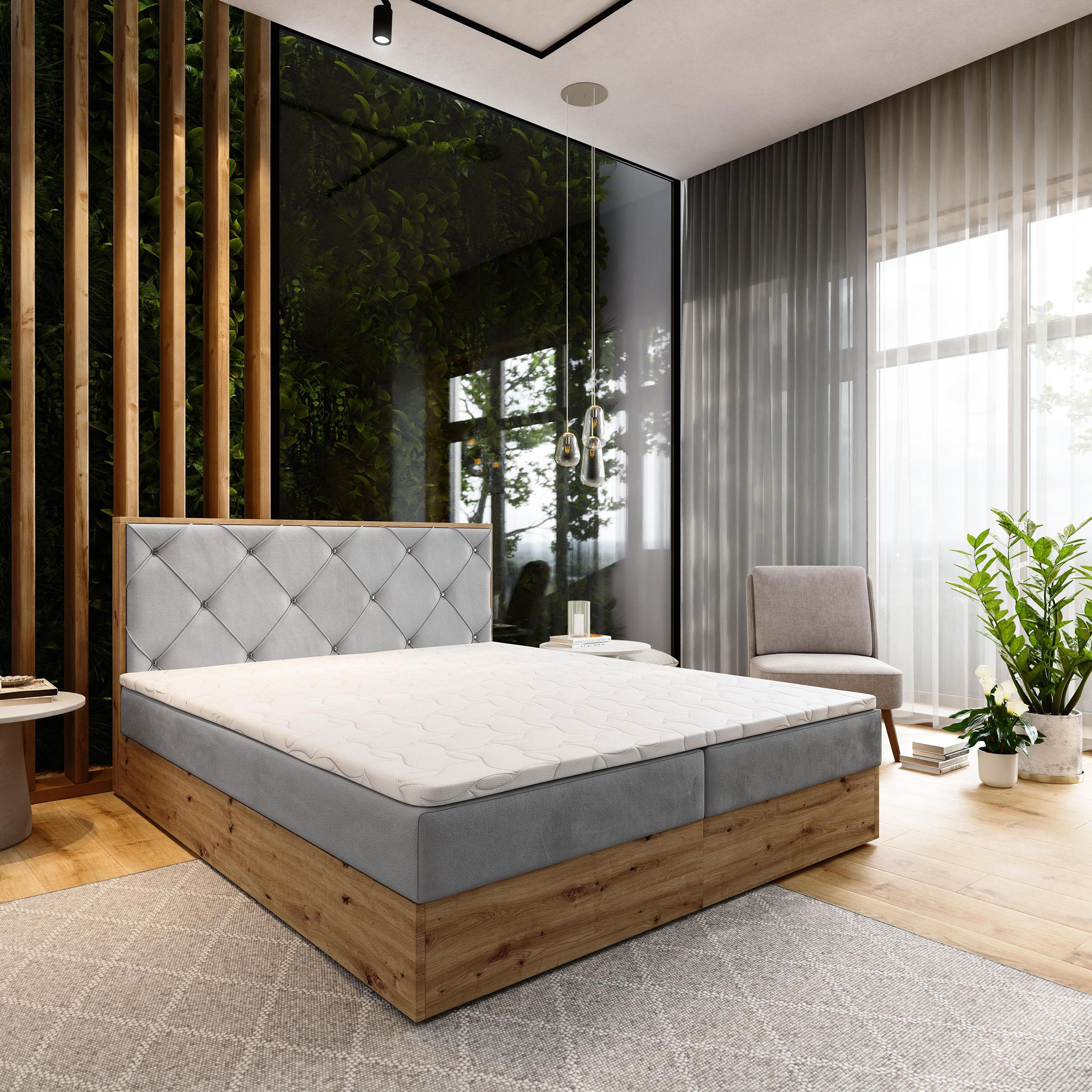 BOXBETT FOSCO 140x200 cm mit Matratze und Topper - Hellgrau - Hellgrau, Holz (140/200cm) - MASSENO