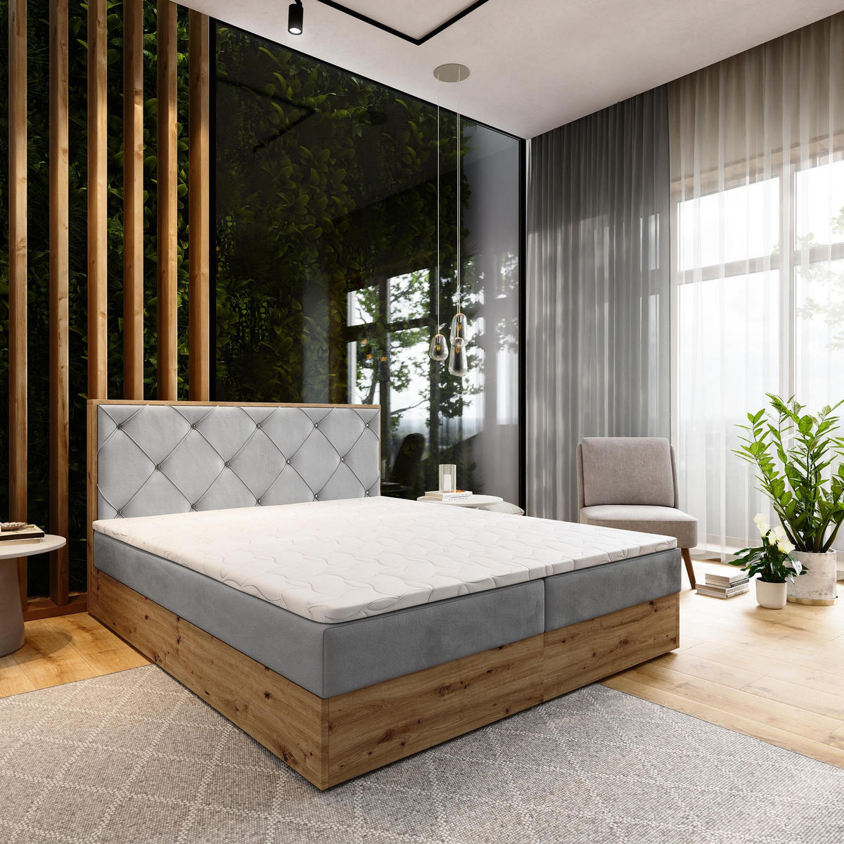 BOXBETT FOSCO 160x200 cm mit Matratze und Topper - Hellgrau - Hellgrau, Holz (160/200cm) - MASSENO