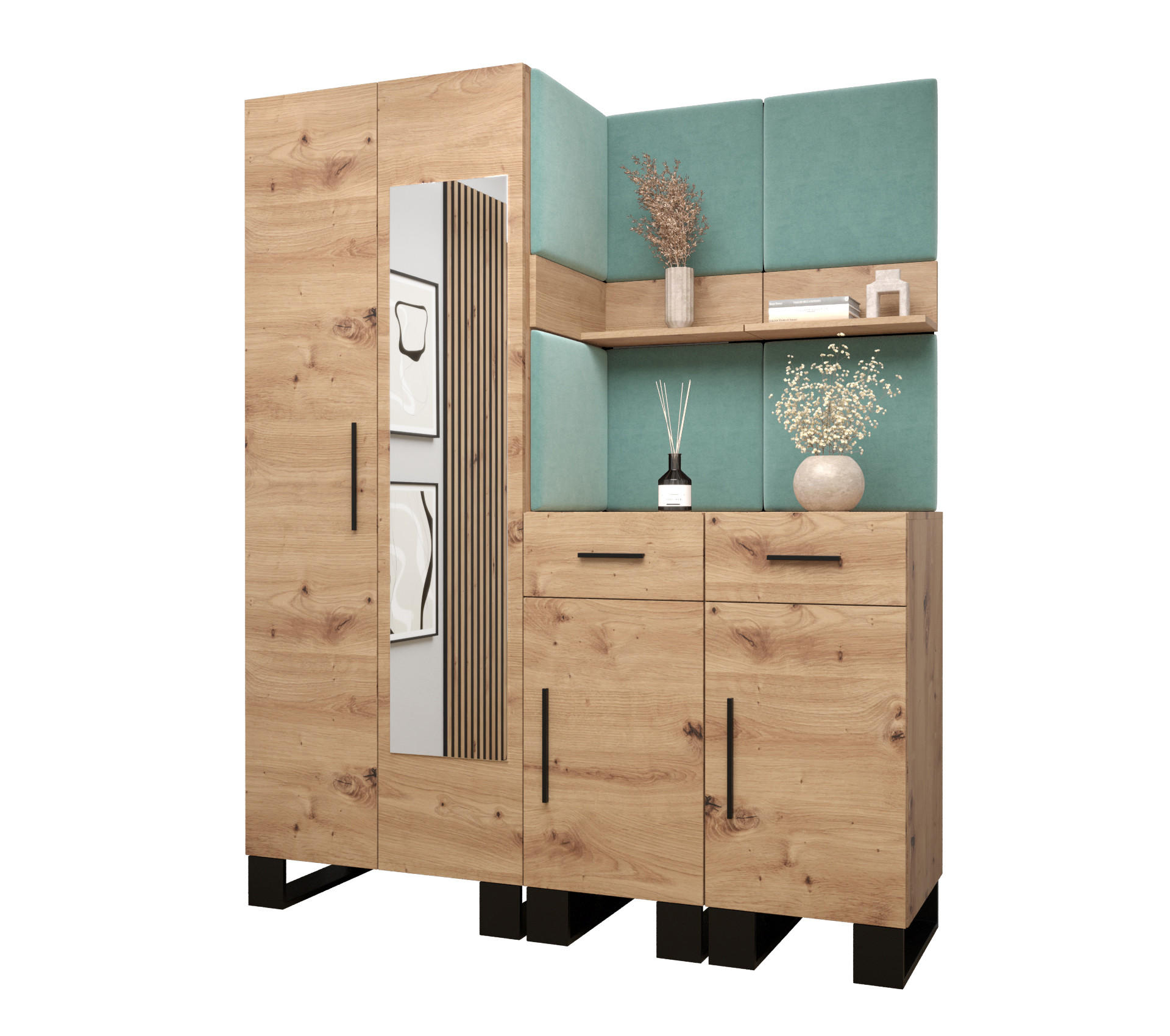 Abiks Möbel Garderoben-Set Eiche Artisan, Mintgrün 158x196x45.6 cm