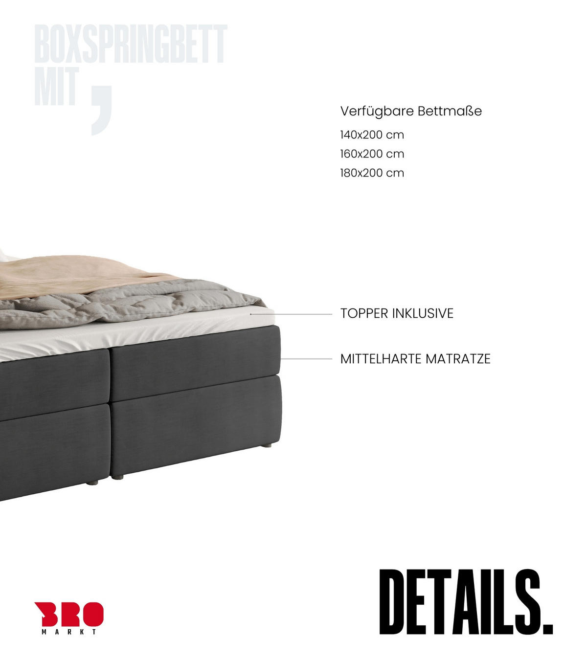 BOXBETT Dream mit Topper 180/200 Anthrazit - Anthrazit, Holzwerkstoff/Textil (180/200cm) - Bromarkt