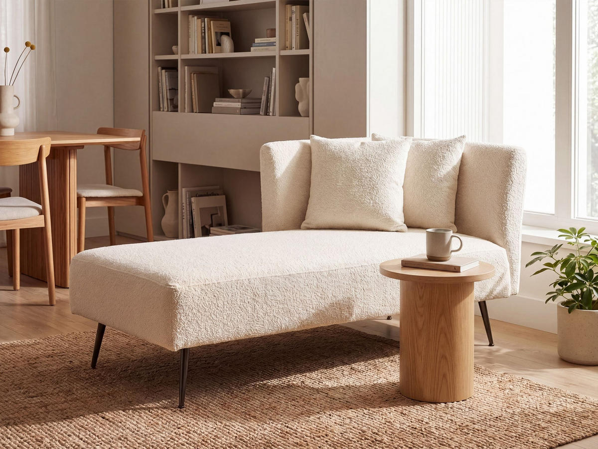 CHAISELONGUE Bouclé cremeweiß linksseitig Riom - Schwarz/Weiß, Textil (156/75/77cm) - Beliani