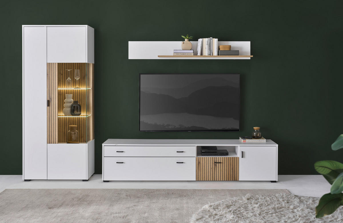 WOHNWAND 3-teilig weiß matt, Eiche 285 cm, Schrankwand mit Soft-Close-Funktion - Eichefarben/Schwarz, Glas/Holzwerkstoff (285/180/42cm) - Furn.Design