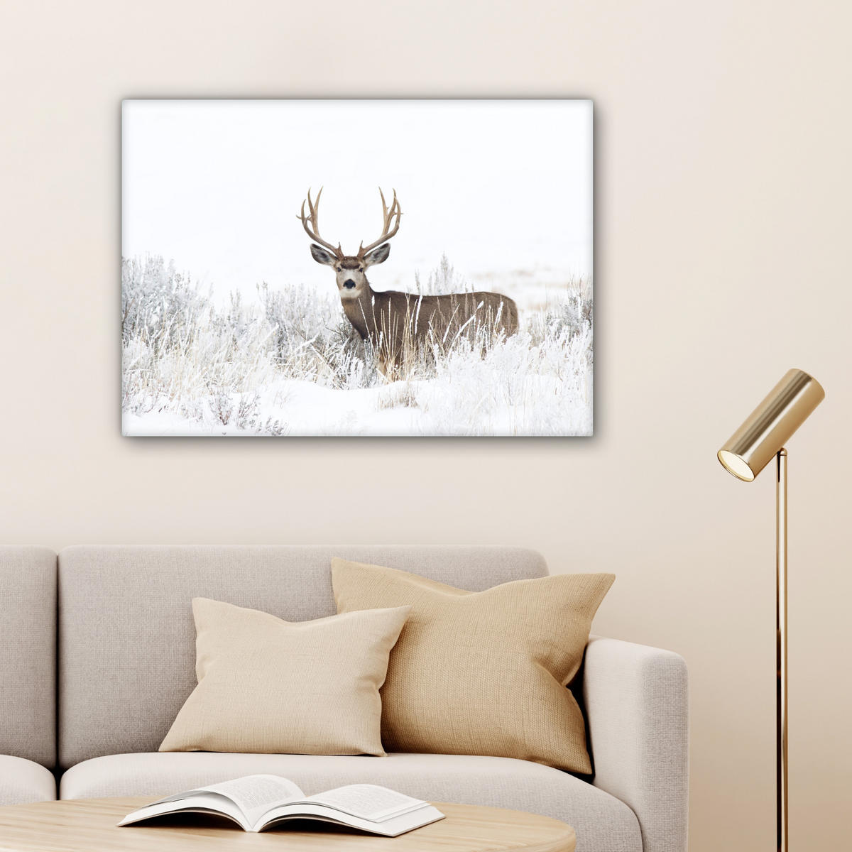 LEINWANDBILD Hirsche - Winter - Schnee - Tiere - Jahreszeiten - Weiß Wandbilder 80x60 cm - Hellbraun, Textil (80/60cm) - MuchoWow
