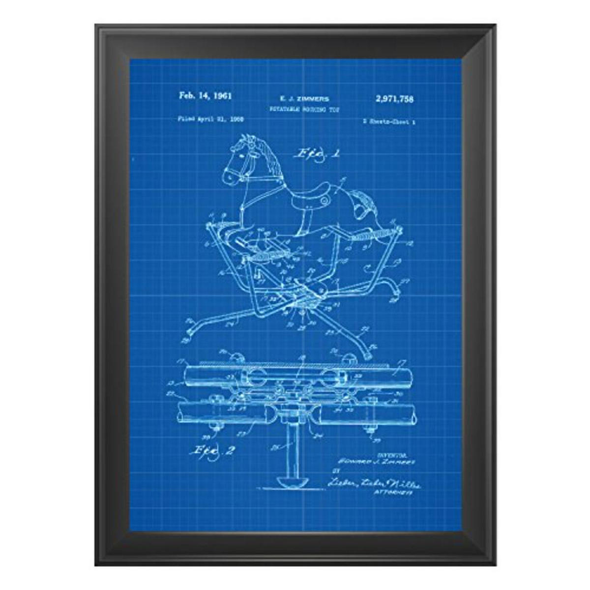POSTER Set mit 4 Blau Kinderspielzeug Patent Stil von Puppen und Spielen A4 Schwarzer Rahmen - Schwarz, Papier (29.7/3cm) - Nacnic