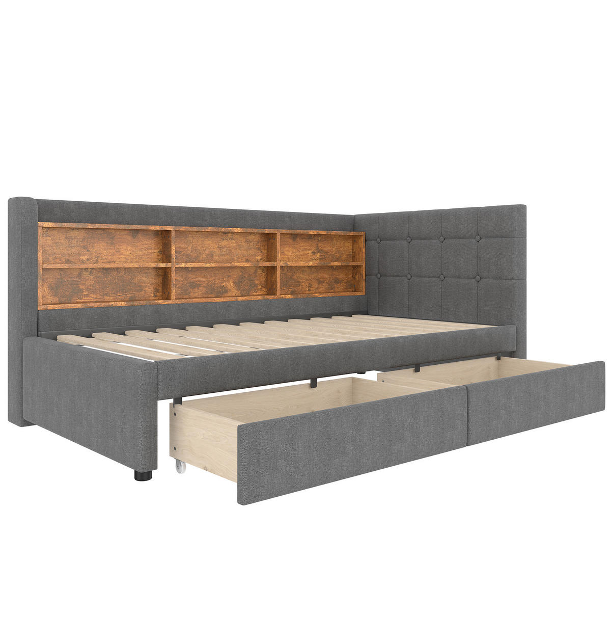 POLSTERBETT aus Leinen 90x200 cm in Grau mit 2 Schubladen & USB-C - Grau, Textil (90/200cm) - Modfu