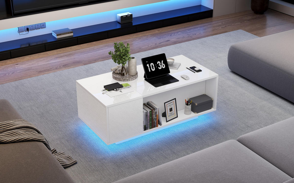 COUCHTISCH, höhenverstellbar mit hydraulischem Hub, Stauraum & LED-Bluetooth, Weiß Hochglanz, 100/50/40 cm,Weiß - Weiß, Holzwerkstoff (50/100/40cm) - Redom