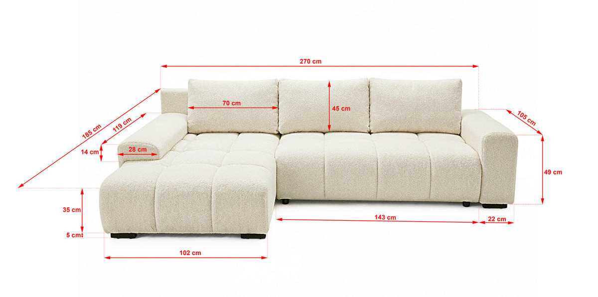 ECKSOFA Ovia mit Bettkasten und Schlaffunktion, Bouclé-Stoff in L-Form - Beige, Textil (270/185cm)