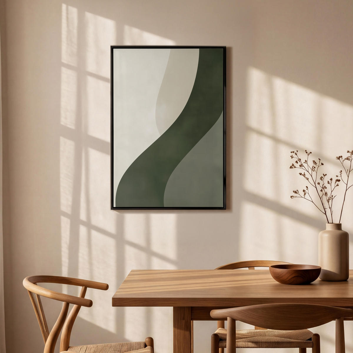 LEINWAND Bilder mit Rahmen - Japandi - Grün - Abstrakt - Modern - 60x90 - Salbeigrün, Textil (60/90cm) - MuchoWow