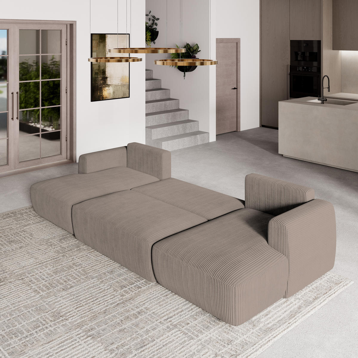 WOHNLANDSCHAFT SENTUM P Beige Kordstoff mit Schlaffunktion - Beige, Holz (330/90/148cm) - MASSENO