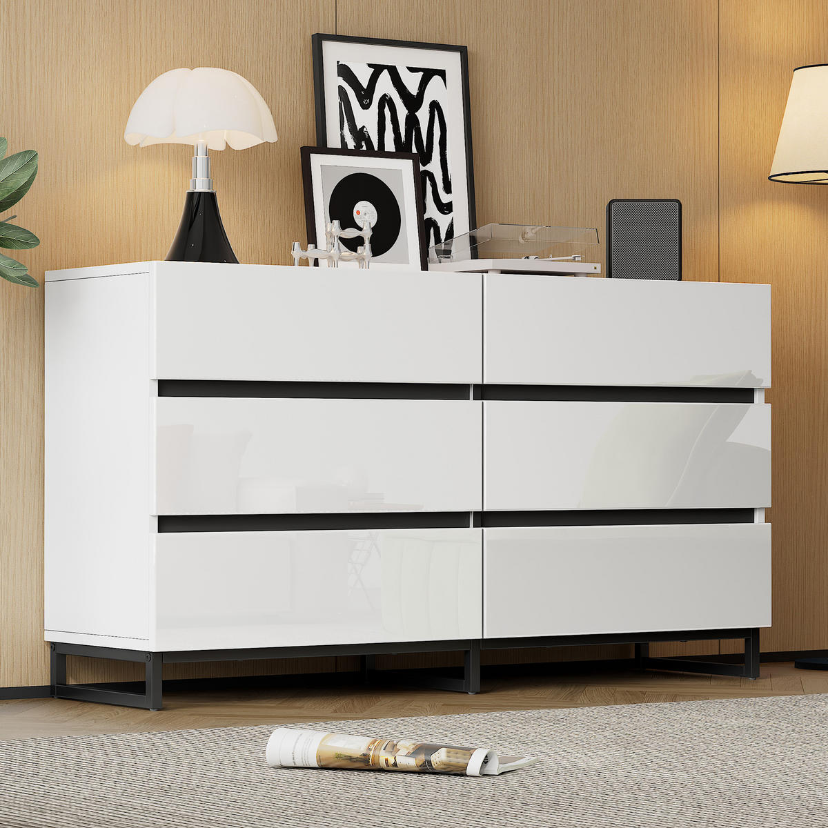 SIDEBOARD in Weiß Sideboard mit 6 Schubladen, Hochglanzfront und 3 Metallbeinen für Wohnzimmer, B140/T39,5/H78,5 cm - Schwarz/Weiß, Holzwerkstoff/Metall (140/78.5/39.5cm) - STILVORA