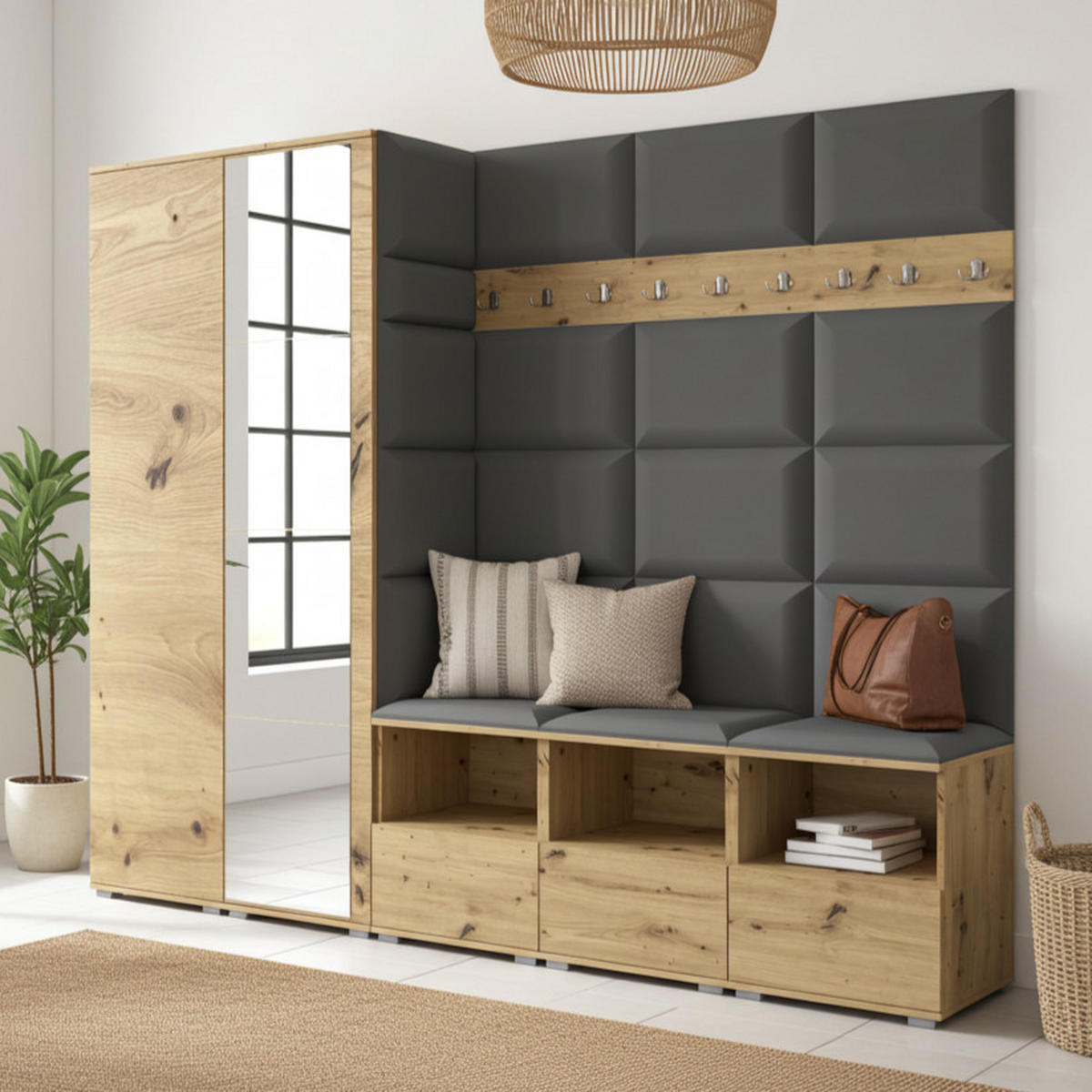 GARDEROBE NELA VII 250 cm (Modulare Flurmöbel XL Artisan Eiche mit Spiegel & Sitzpolster Dunkelgrau 15 Universell) - Dunkelgrau/Silberfarben, Holz/Holzwerkstoff (250/187/40cm) - Ravio