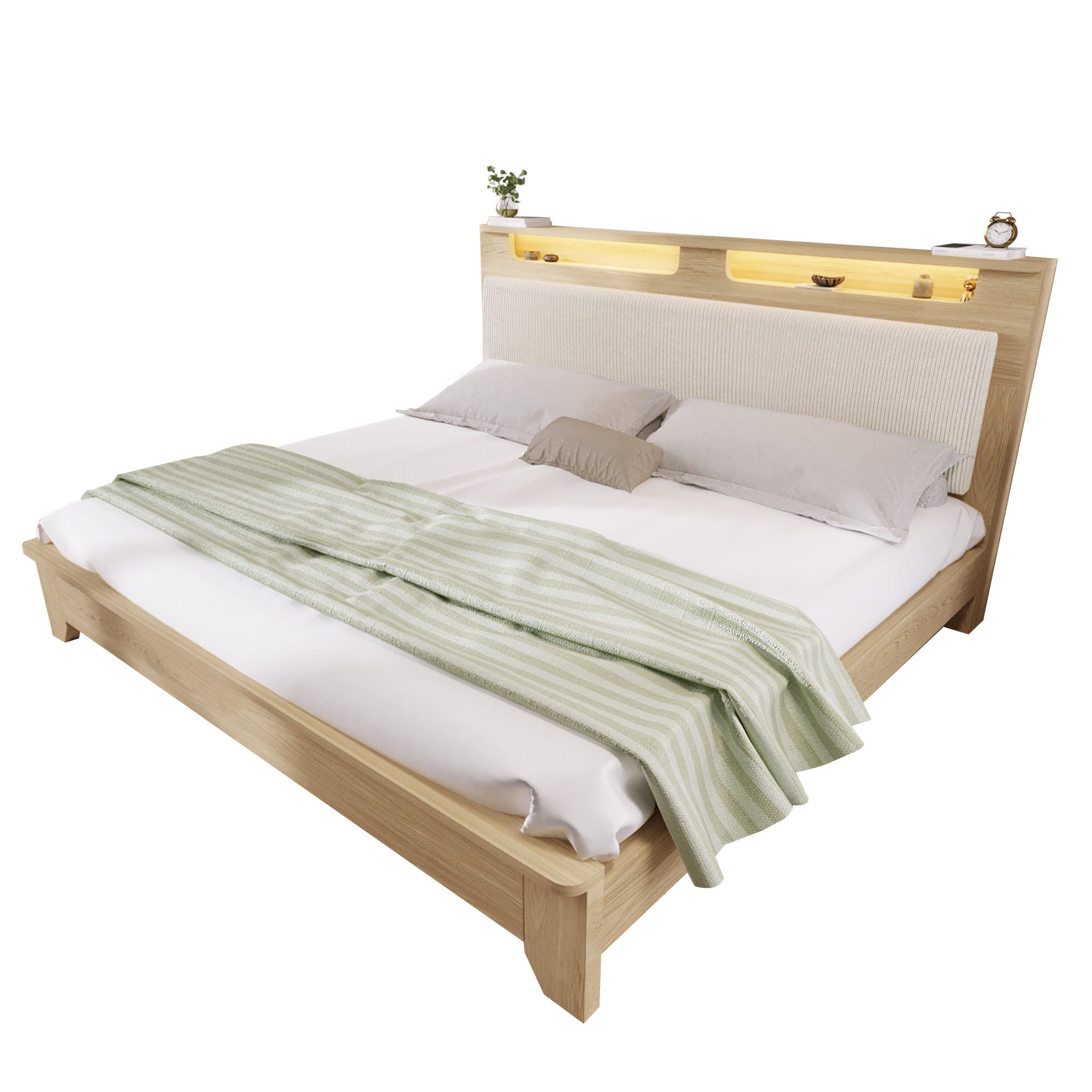 DOPPELBETT 160/200 cm Beige Cordpolster mit Stauraum und LED-Beleuchtung aus Eiche - Beige, Textil (160/200cm) - OKWISH