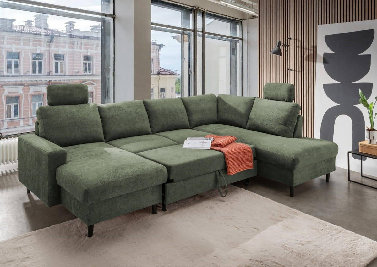 WOHNLANDSCHAFT mit Schlaffunktion und Bettkasten - Dunkelgrün/Schwarz, Kunststoff/Textil (200/88/305cm) - myHomelando